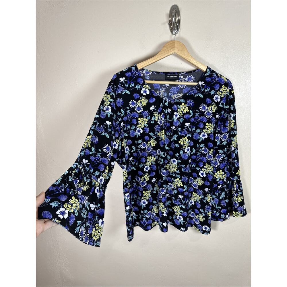 Liz Claiborne Womens Blouse Peasant Liquid Knit Flare Sleeve Floral Career XL